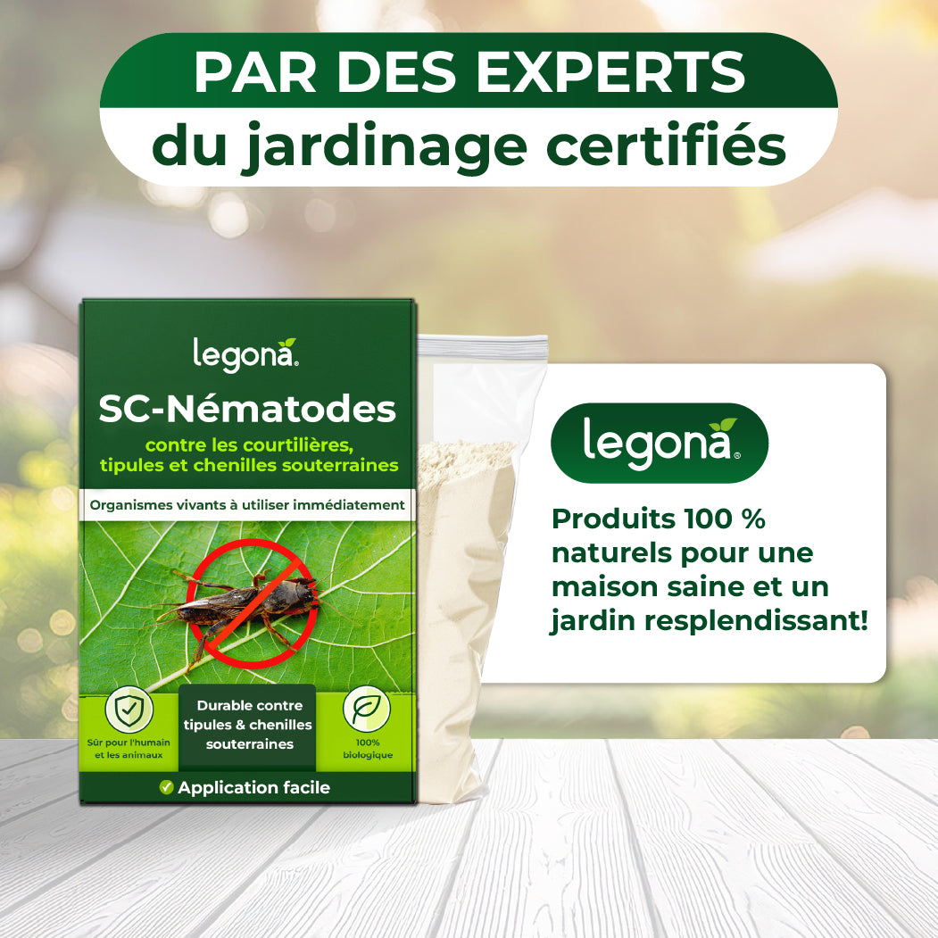SC-Nématodes Legona, produit naturel contre courtilières, tipules et chenilles souterraines, avec texte sur certification et usage facile
