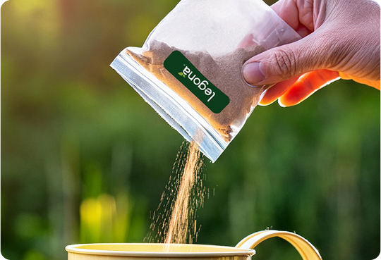 La main verse un sachet de poudre de nématodes Legona dans un arrosoir jaune