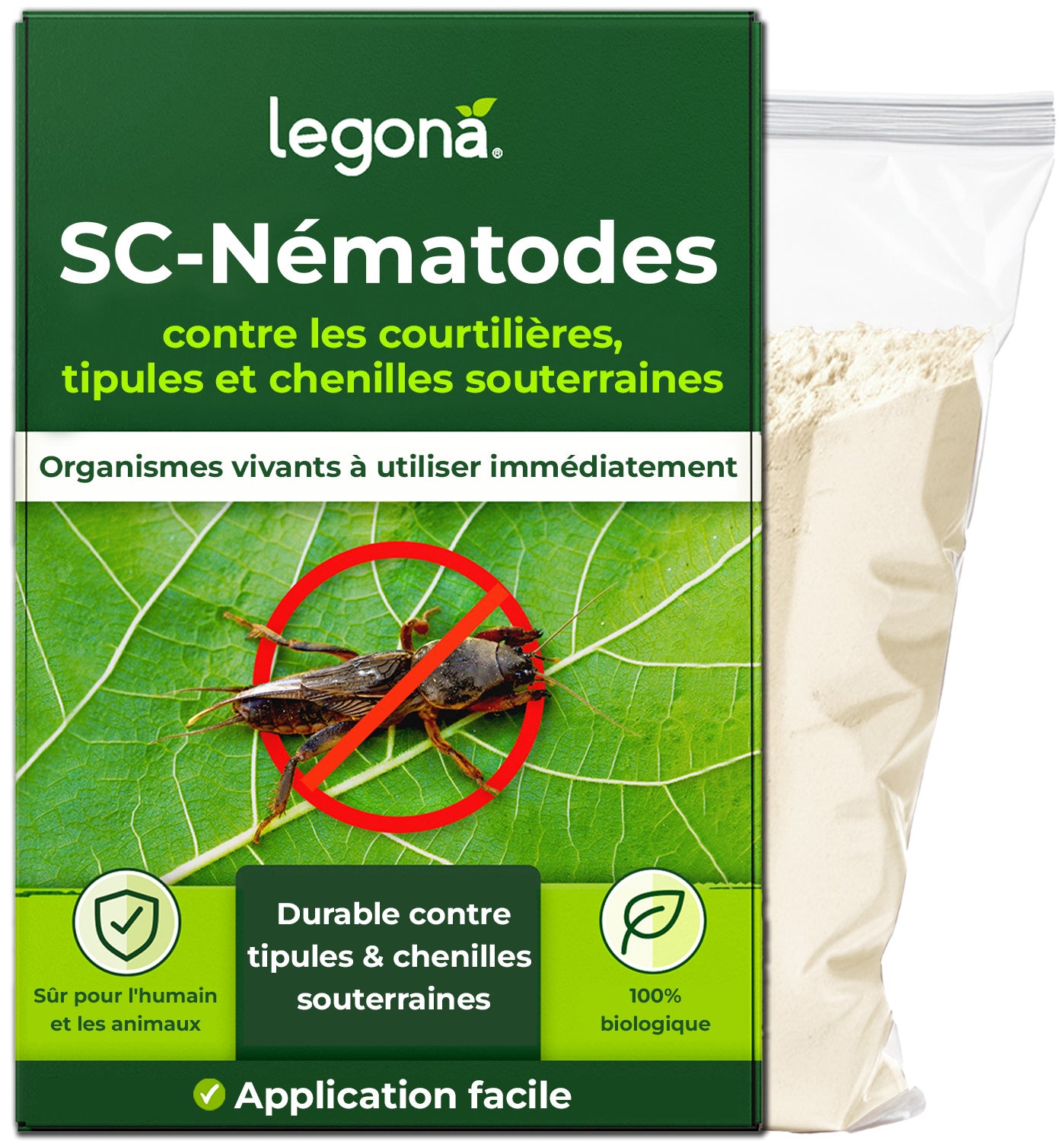 Legona SC-Nématodes, poudre biologique contre courtilières, tipules et chenilles souterraines, avec pictogrammes de sécurité et application facile