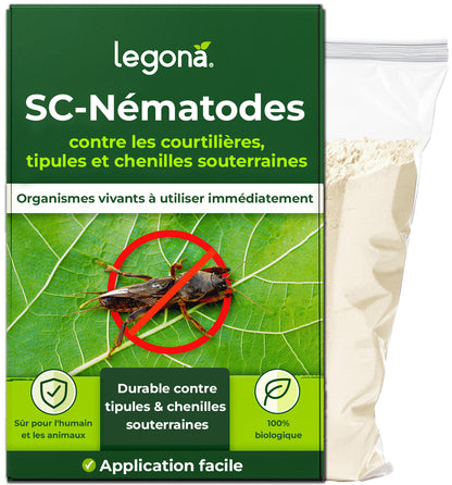Legona SC-Nématodes, poudre biologique contre courtilières, tipules et chenilles souterraines, avec pictogrammes de sécurité et application facile