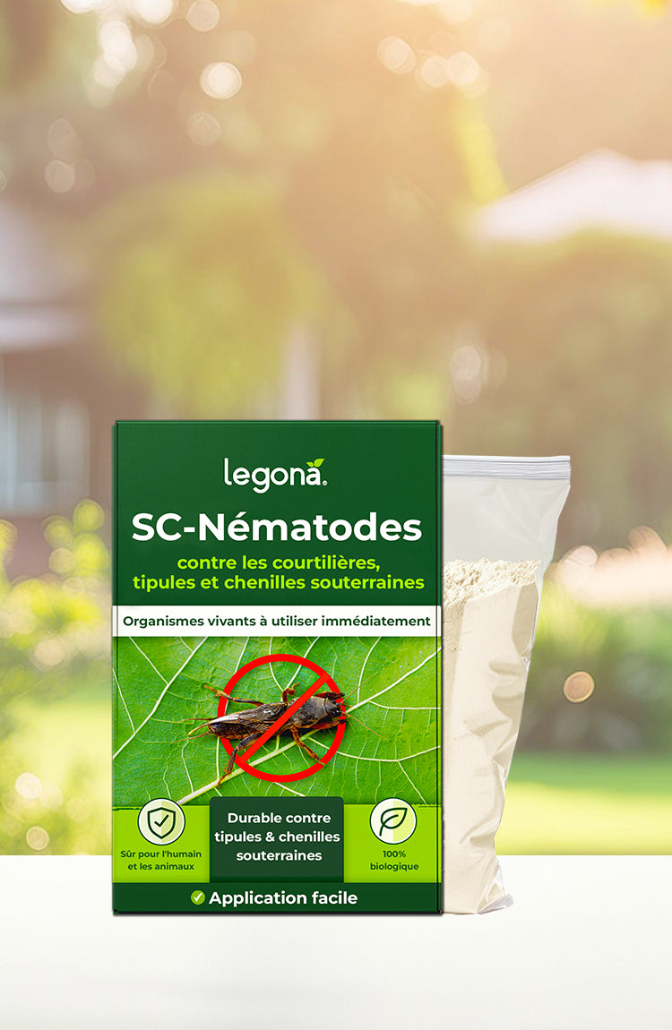 Legona SC-Nématodes contre courtilières, tipules et chenilles souterraines, avec emballage blanc en arrière-plan