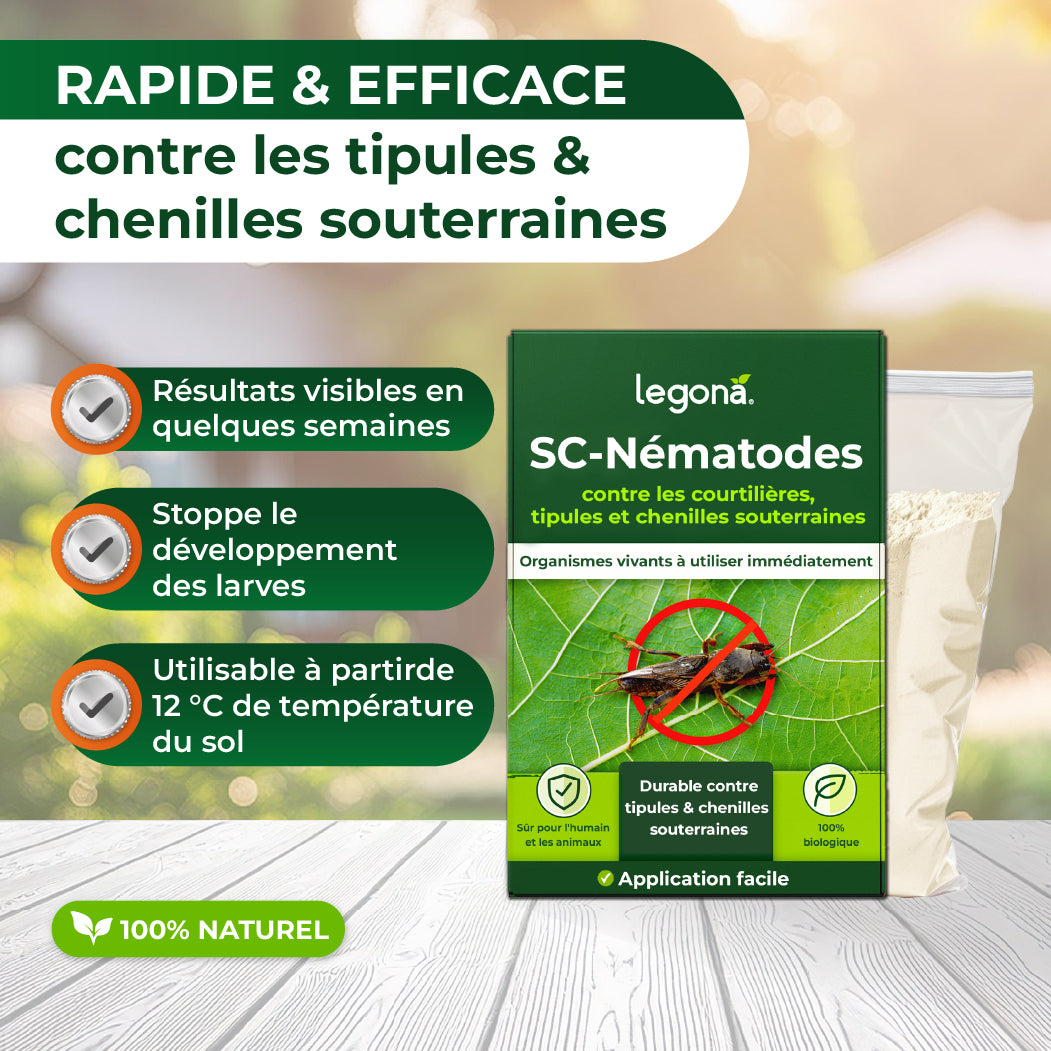 Legona SC-Nématodes contre tipules et chenilles souterraines, avec texte sur efficacité rapide, arrêt du développement des larves, usage à partir de 12 °C, 100 % naturel et application facile