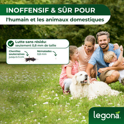 Famille assise sur l'herbe avec un chien blanc, texte indiquant que le produit est inoffensif et sûr pour humains et animaux domestiques, lutte sans résidu contre chenilles souterraines et nématodes de 0,8 mm